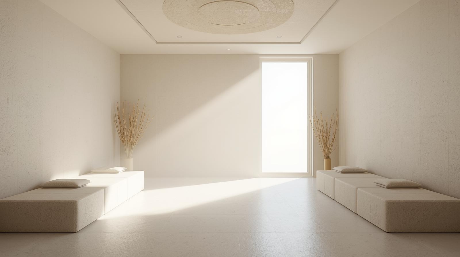 Rauhallinen ja minimalistinen tila, joka viestii hyvinvoinnista